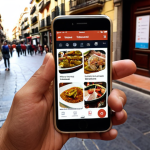 **A person using a travel app on their phone in Madrid, Spain. The app shows personalized recommendations for nearby tapas restaurants and cultural events, based on their location and past preferences. Focus on the user's positive and intuitive experience.**