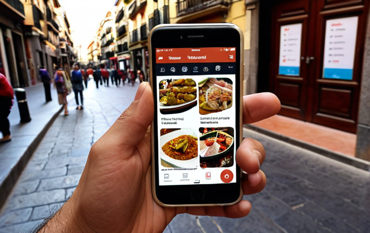 **A person using a travel app on their phone in Madrid, Spain. The app shows personalized recommendations for nearby tapas restaurants and cultural events, based on their location and past preferences. Focus on the user's positive and intuitive experience.**