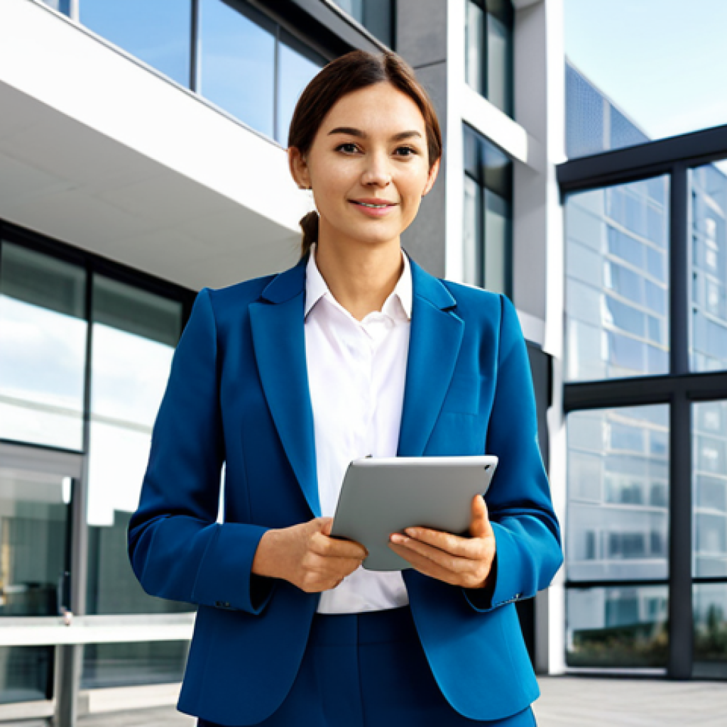 **
"A professional arquitecta, wearing a stylish yet modest blazer and trousers, standing in front of a modern building design (perhaps a render). The setting is a bright, airy architectural office with blueprints visible in the background. She is holding a tablet displaying design schematics. Fully clothed, appropriate attire, safe for work, perfect anatomy, natural proportions, professional architectural photography, high quality, family-friendly."
**