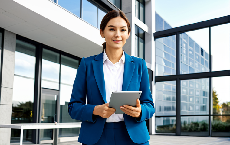 **
"A professional arquitecta, wearing a stylish yet modest blazer and trousers, standing in front of a modern building design (perhaps a render). The setting is a bright, airy architectural office with blueprints visible in the background. She is holding a tablet displaying design schematics. Fully clothed, appropriate attire, safe for work, perfect anatomy, natural proportions, professional architectural photography, high quality, family-friendly."
**