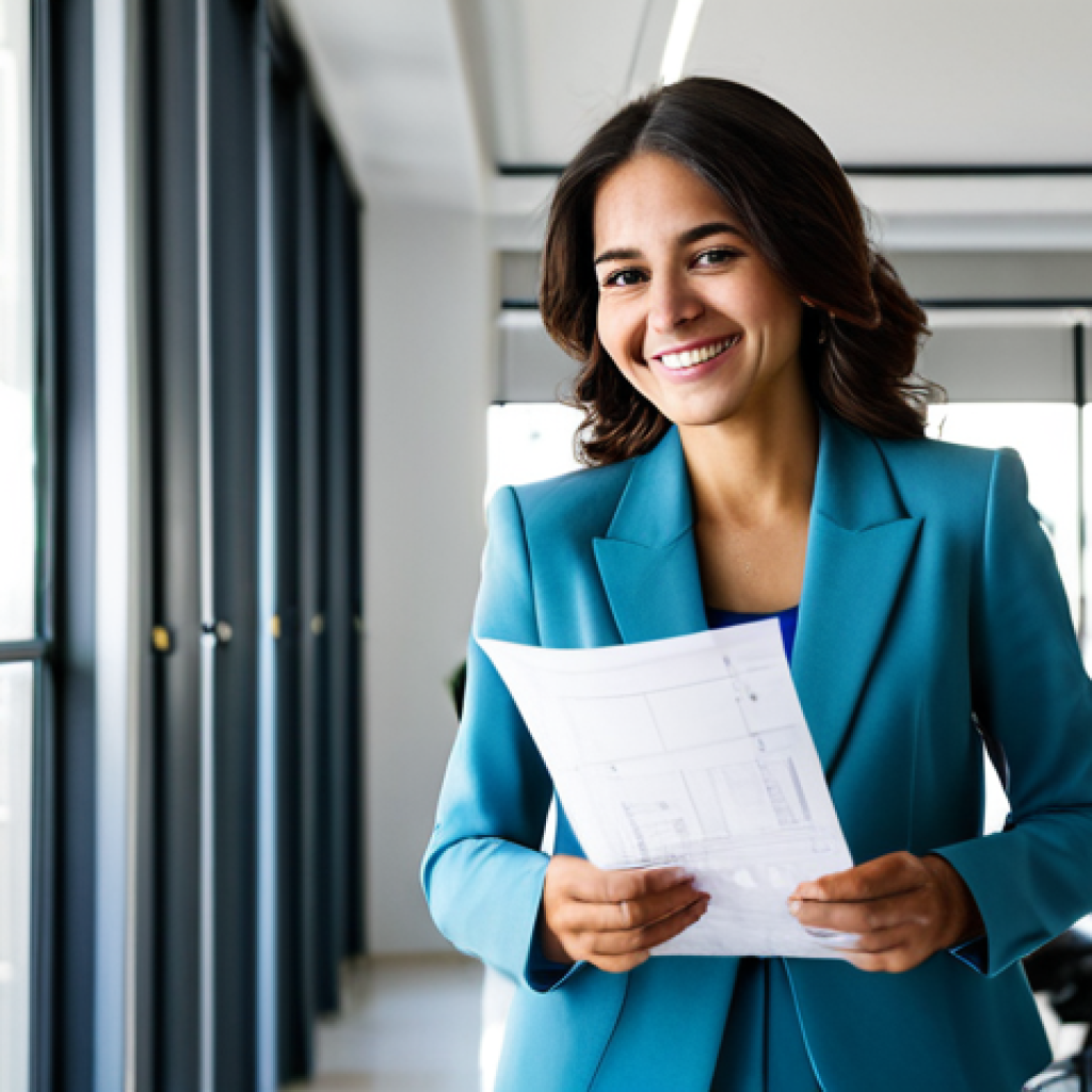 **

"A professional Latina architect, fully clothed in a stylish but modest outfit (blazer, trousers, blouse), standing in a brightly lit architectural office in Madrid, Spain. She is reviewing blueprints with a friendly smile. Safe for work, appropriate content, professional, perfect anatomy, natural proportions, well-formed hands, proper finger count, high quality."

**