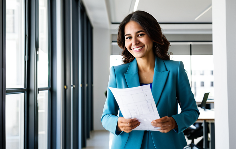 **
"A professional Latina architect, fully clothed in a stylish but modest outfit (blazer, trousers, blouse), standing in a brightly lit architectural office in Madrid, Spain. She is reviewing blueprints with a friendly smile. Safe for work, appropriate content, professional, perfect anatomy, natural proportions, well-formed hands, proper finger count, high quality."
**