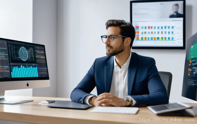 협업 도구에서의 맥락 인식 UX 적용 방법 - **Context-Sensitive UX: The Intelligent Companion**
    A bright, modern office setting with a diver...