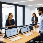 Home 19 UX 디자인에서의 사용자 세분화와 맥락 - A modern digital workspace scene showing a diverse group of young Spanish-speaking professionals col...