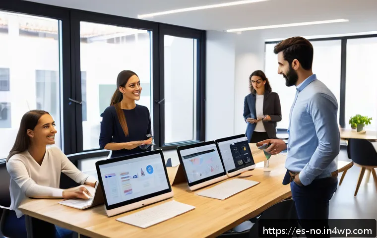 UX 디자인에서의 사용자 세분화와 맥락 - A modern digital workspace scene showing a diverse group of young Spanish-speaking professionals col...