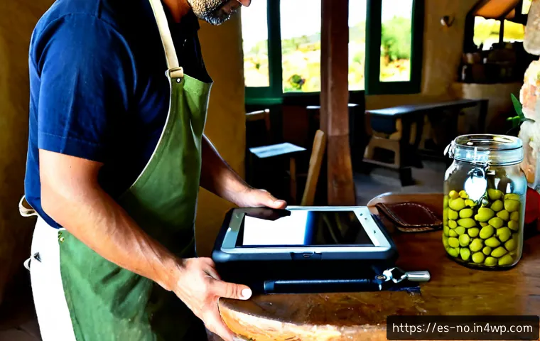 전통 산업에서의 맥락 인식 UX 적용 방안 - Photorealistic Spanish olive oil workshop, experienced artisan in practical work clothes using a rug...