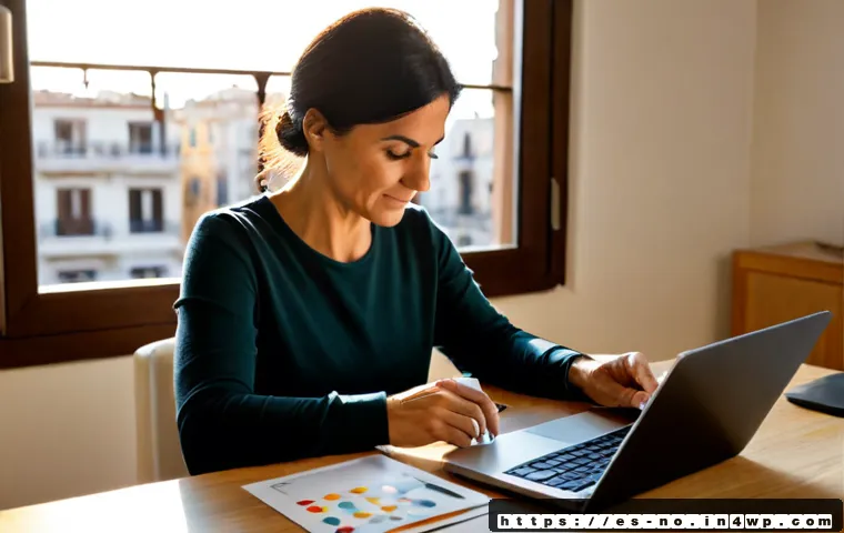 정보 과부하와 맥락 인식 UX의 해결책 - Photorealistic Spanish-speaking middle-aged woman at a bright Barcelona apartment desk, calmly using...
